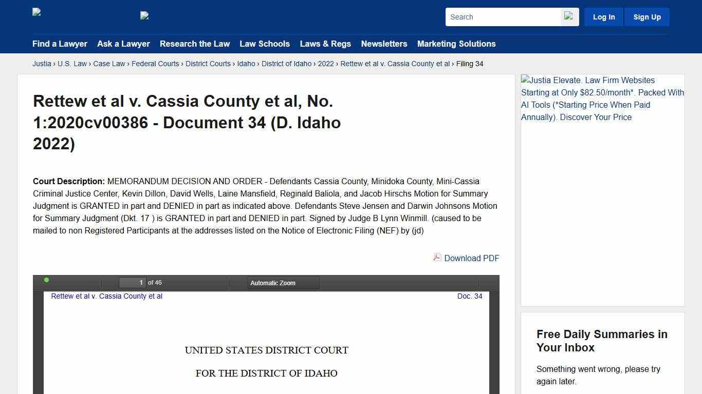 Rettew et al v. Cassia County et al, No. 1:2020cv00386 - Document 34 (D. Idaho 2022) :: Justia