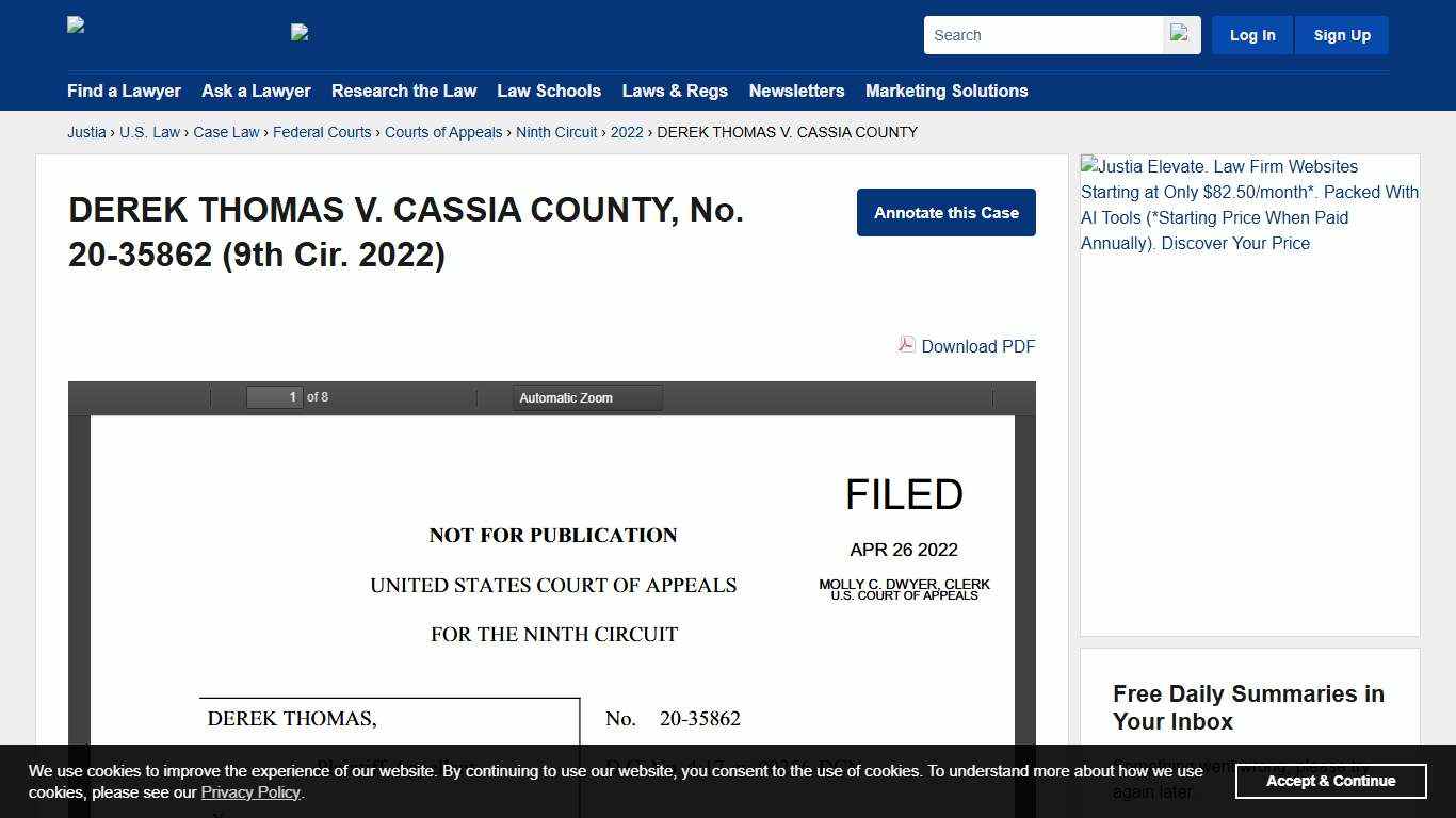 DEREK THOMAS V. CASSIA COUNTY, No. 20-35862 (9th Cir. 2022) :: Justia